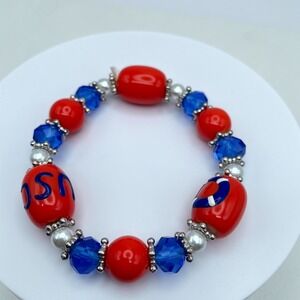 Souvenir Silver-Tone US Coast Guard Red Blue Faceted Glass Bead Stretch Bracelet